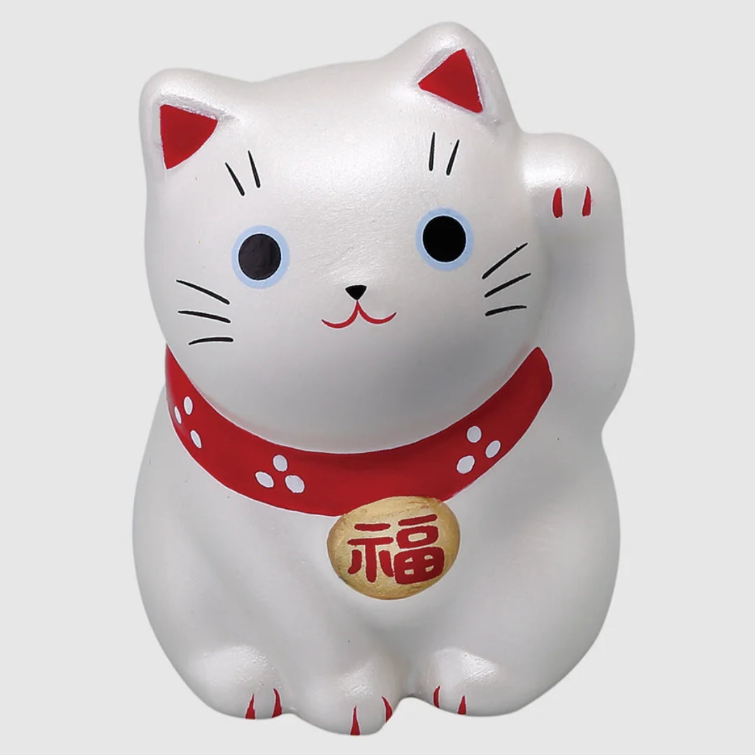 Handmade Japanese Maneki Neko Lucky Cat Small Ceramic Figurine Silver 5.5cm