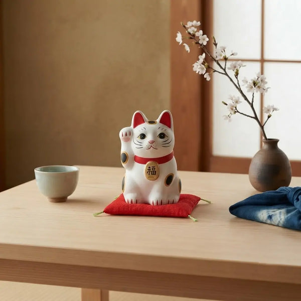 Handmade Japanese Maneki Neko Lucky Cat Ceramic Figurine White 8cm
