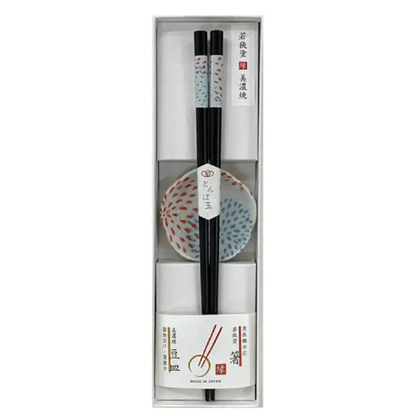 Wakasa Laquered Chopsticks With Mino Ware Small Dish Fireworks 23ct