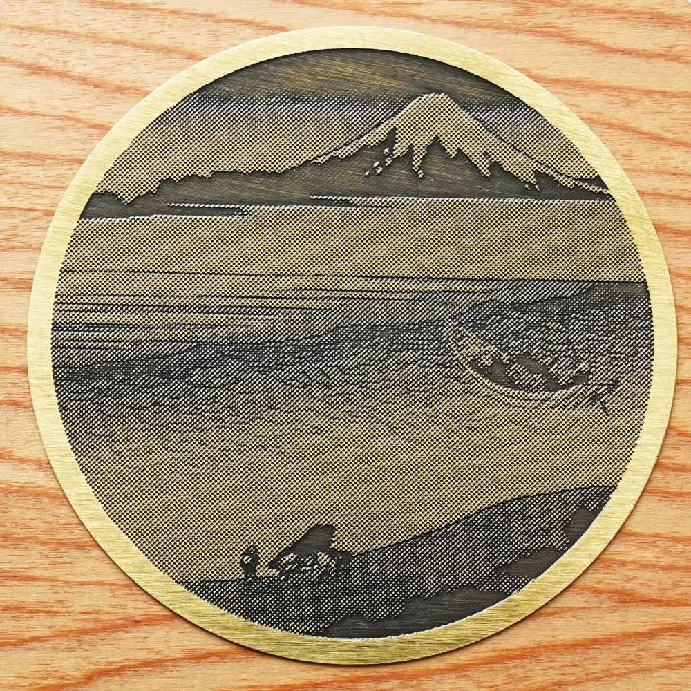Brass Wood Coaster Ukiyo-e Tamagawa River & Mount Fuji Design