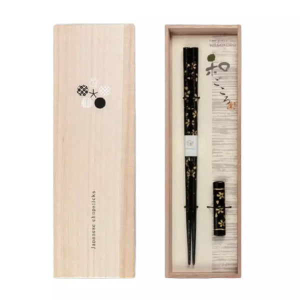 Elegant Chopsticks With Rest Gold Sakura & Black in Wood Gift Box