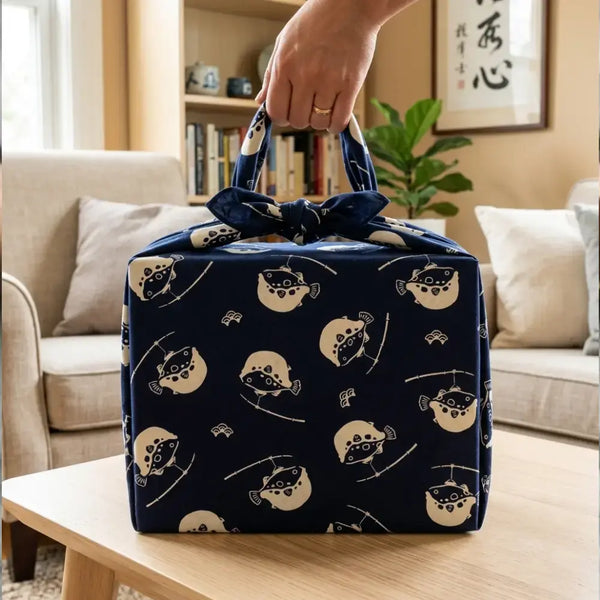 Furoshiki Fugu Puffer Fish Large Blue Cotton Wrapping Cloth 90cm