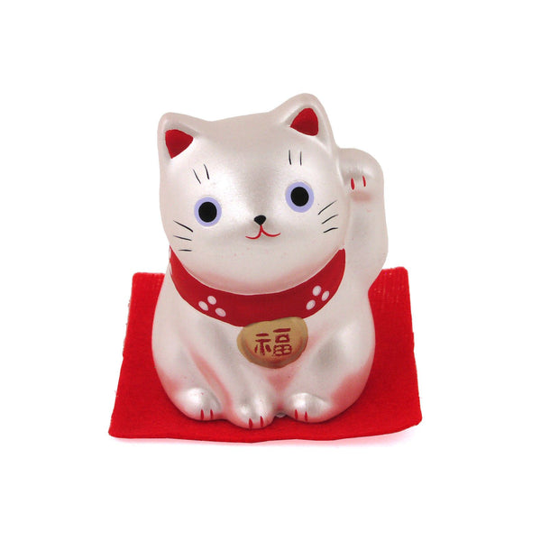 Handmade Japanese Maneki Neko Lucky Cat Small Ceramic Figurine Silver 5.5cm