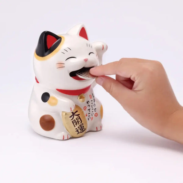 Handmade Japanese Maneki Neko Happy Lucky Cat Ceramic Coin Bank 11cm