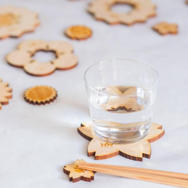 Hinoki Cypress Coaster Natural Wood Plum Blossom Flower Design 90mm