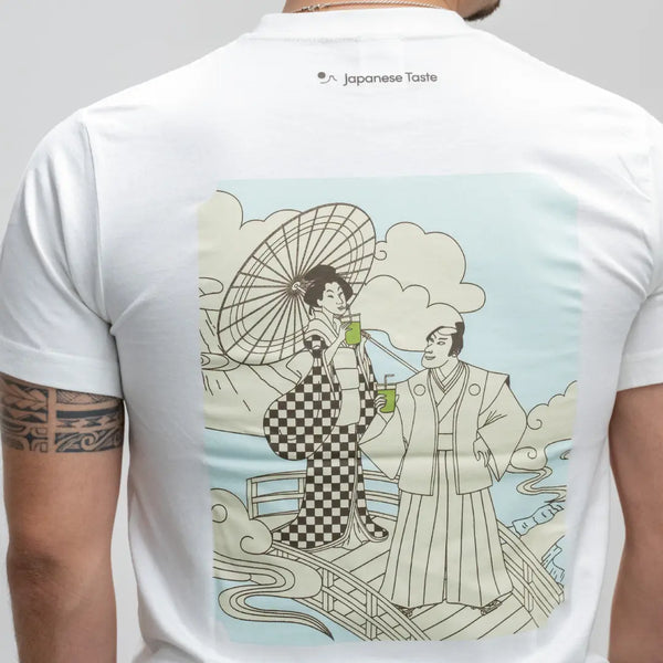 J Taste T-Shirt Geisha & Samurai Sipping Matcha White